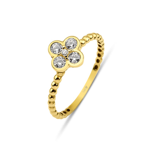 14 ayar altın sparkle 4-leaf clover solid beaded yüzük