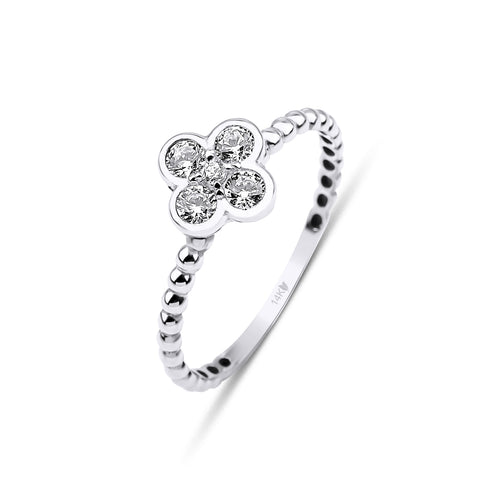 14 ayar altın sparkle 4-leaf clover solid beaded yüzük beyaz