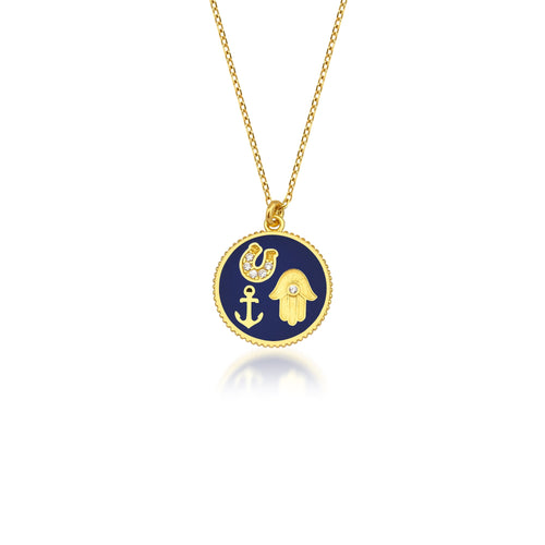 14 Ayar Altın Midnight Blue Enamel Luck Tableau Charm Kolye
