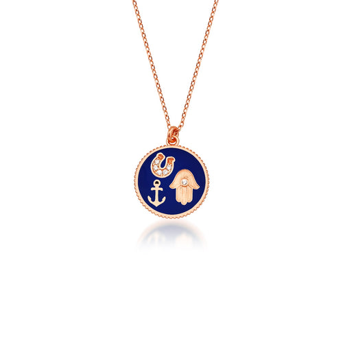 14 Ayar Altın Midnight Blue Enamel Luck Tableau Charm Kolye