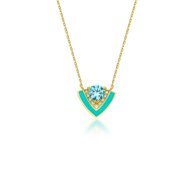 14 Ayar Altın Diamond & Swiss Blue Topaz Turquoise Blue Enamel Kolye