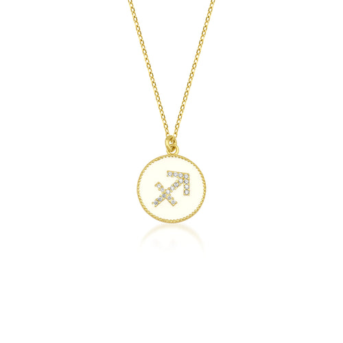14 Ayar Altın Zodiac Sagittarius Ivory White Enamel Charm Kolye