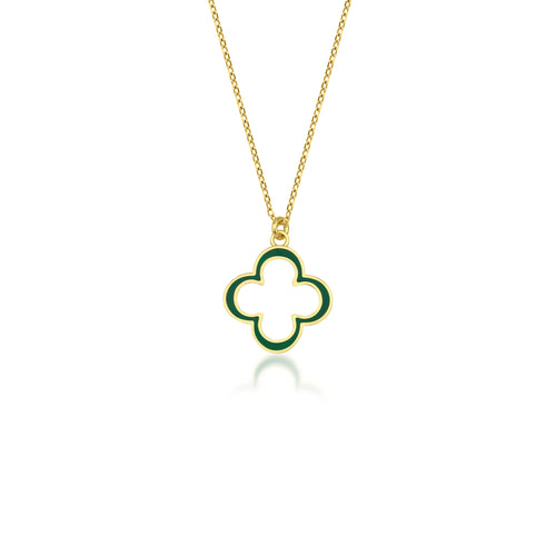 14 Ayar Altın Emerald Green Enamel Lucky Clover Double Sided Charm Kolye