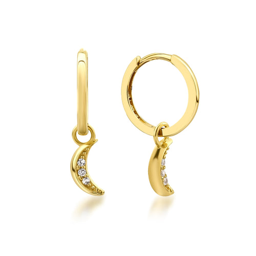 14 Ayar Altın Sparkle Crescent Moon Charm Küpe