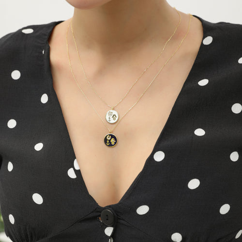 14 Ayar Altın Midnight Blue Enamel Luck Tableau Charm Kolye