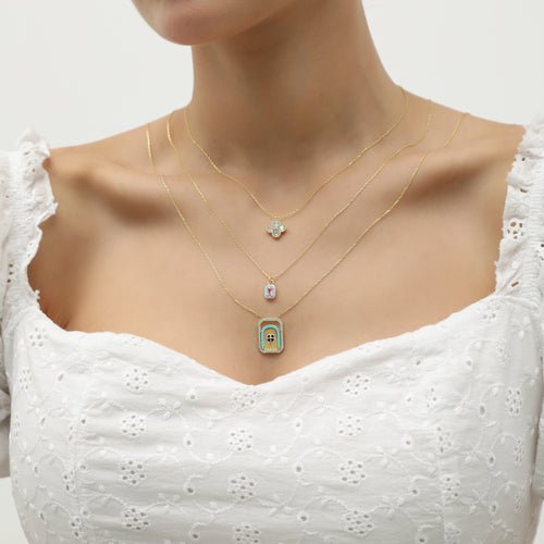 14 Ayar Altın Azure Blue Clover & Turquoise Enamel Kolye