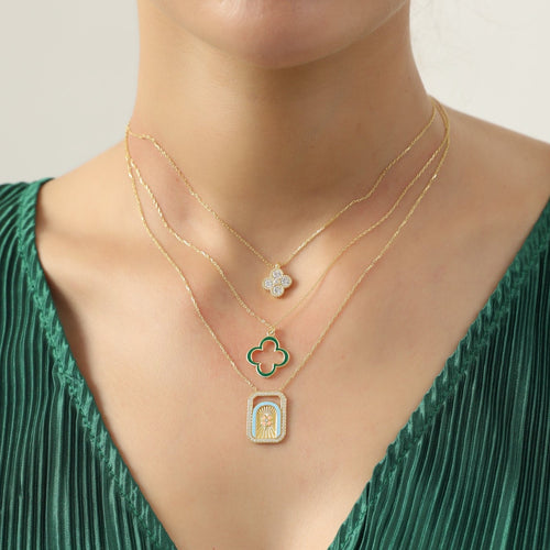 14 Ayar Altın Azure Blue Clover & Turquoise Enamel Kolye