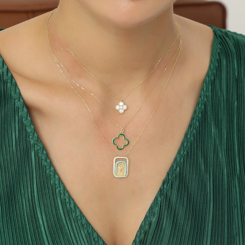14 Ayar Altın Emerald Green Enamel Lucky Clover Double Sided Charm Kolye