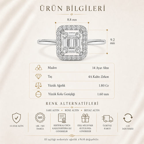 14 Ayar Altın Baget ve Yuvarlak Taşlı Kare Yüzük ürün bilgileri, ölçüleri ve teknik özellikleri