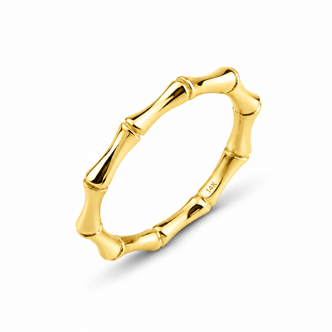 Kairos Jewelry 14 ayar altın bambu yüzük. Parlak sarı altın yüzeyi, bambu formundaki özgün tasarımı ve 14K damga detayıyla beyaz fonda ürün görünümü.