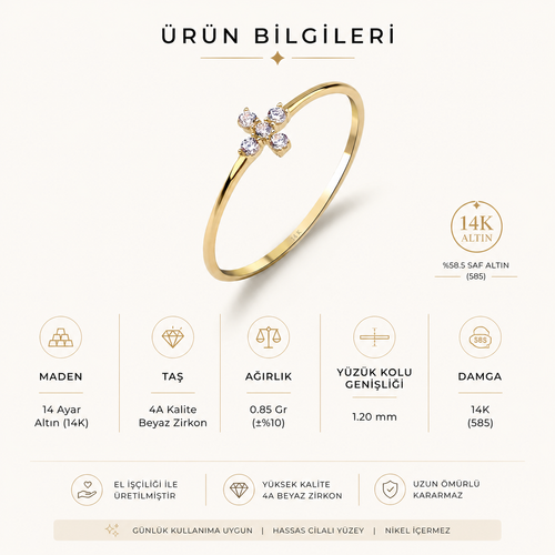 14 ayar altın beyaz taşlı yonca yüzük ürün detayları, 14K altın ve zirkon taş özellikleri