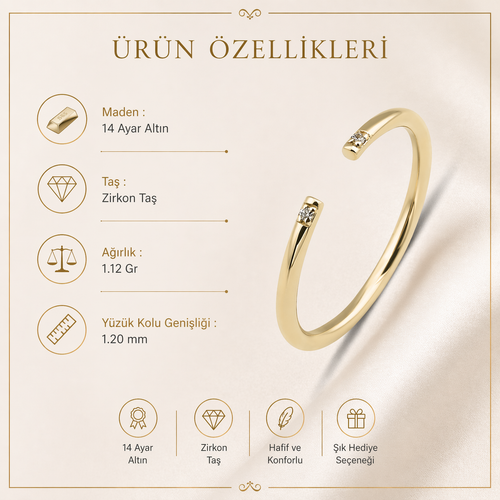 14 ayar altın çift taşlı açık ince yüzük ürün özellikleri, zirkon taş detayları ve minimal modern tasarımıyla premium görünüm sunar