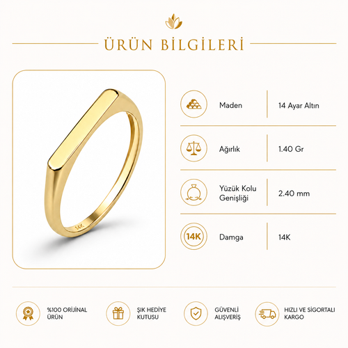 14 ayar altın çizgi şövalye yüzük ürün bilgileri görseli 1.40 gr ağırlık 2.40 mm yüzük kolu genişliği 14K damgalı premium ürün sunumu