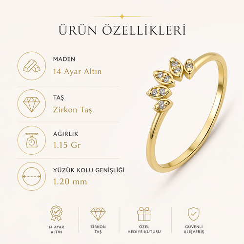 14 ayar altın kavisli taşlı taç yüzük ürün özellikleri, zirkon taş detayları ve zarif modern tasarımıyla premium görünüm sunar
