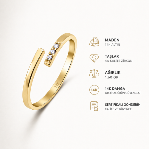 14 ayar altın minimal açık form taşlı yüzük ürün detayları, 14K altın ve zirkon taş özellikleri