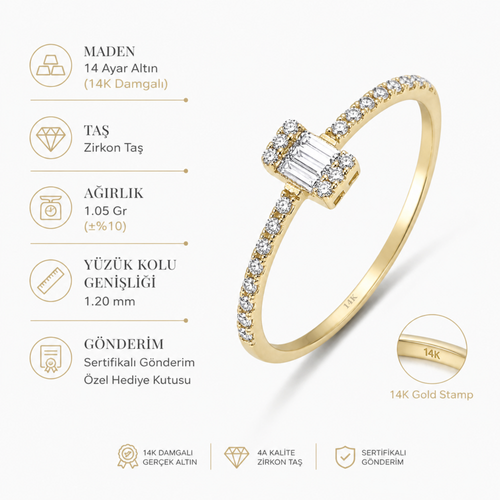 14 ayar altın modern baget taşlı yüzük ürün özellikleri görseli 1.05 gr ağırlık 1.20 mm yüzük kolu genişliği 14K damgalı zirkon taşlı premium ürün sunumu