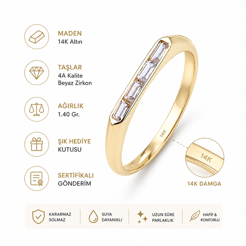 14 ayar altın modern baget yüzük ürün detayları, 14K altın ve baget zirkon taş özellikleri