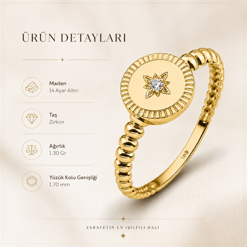 14 ayar altın modern yıldız form yüzük ürün özellikleri görseli 1.30 gr ağırlık 1.70 mm yüzük kolu genişliği zirkon taşlı premium ürün sunumu