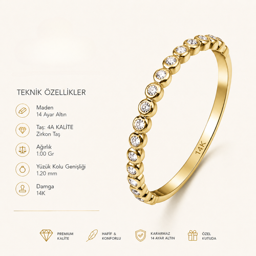 14 ayar altın taşlı minimal yarımtur yüzük ürün özellikleri görseli 1.00 gr ağırlık 1.20 mm yüzük kolu genişliği zirkon taşlı premium ürün sunumu