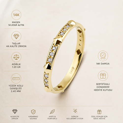 14 ayar altın taşlı piramit tamtur yüzük ürün özellikleri görseli 1.20 gr ağırlık 2.40 mm yüzük kolu genişliği 14K damgalı 4A kalite zirkon taşlı premium ürün sunumu