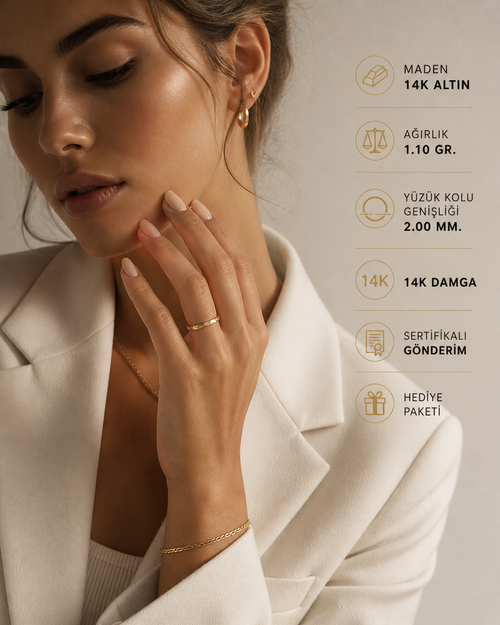 14 ayar altın üçgen desen yüzük kadın model üzerinde ürün özellikleri görseli 1.10 gr ağırlık 2.00 mm yüzük kolu genişliği 14K damga sertifikalı gönderim hediye paketi premium lifestyle çekim