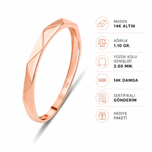 14 ayar altın üçgen desen yüzük rose altın renk ürün özellikleri görseli 1.10 gr ağırlık 2.00 mm yüzük kolu genişliği 14K damga sertifikalı gönderim hediye paketi premium ürün sunumu