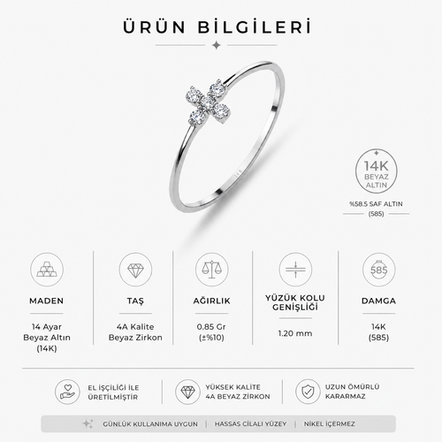 14 ayar beyaz altın beyaz taşlı yonca yüzük ürün detayları, 14K beyaz altın ve zirkon taş özellikleri