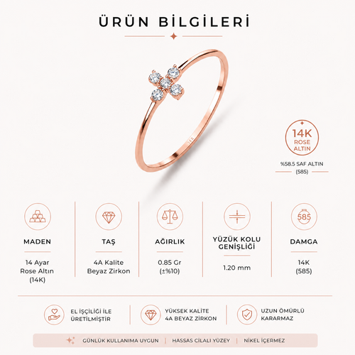 14 ayar rose altın beyaz taşlı yonca yüzük ürün detayları, 14K rose altın ve zirkon taş özellikleri