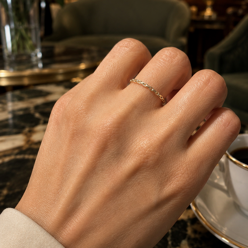 14K Ayar Altin Modern Zincir Tasarim Minimal Yuzuk Yakin