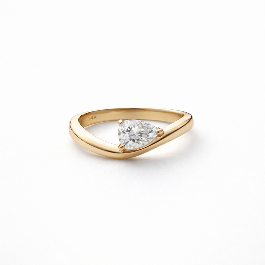 14 Ayar Altın Damla Kesim Kavisli Tektaş Yüzük