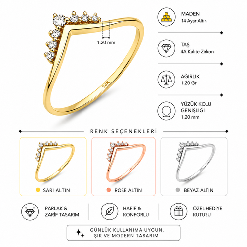 14 ayar altın taşlı V yüzük teknik bilgi görseli. 4A kalite zirkon taşlar, 1,20 gr ağırlık, 1,20 mm yüzük kolu genişliği ve sarı, rose, beyaz altın renk seçenekleri gösterilmektedir.