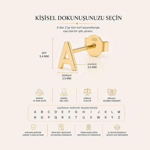 14 Ayar Altin A Harf Tek Kupe Ürün Bilgileri