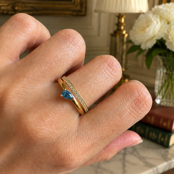 14 Ayar Altın Damla Kesim Doğal Blue Topaz Yüzük Kombin 1