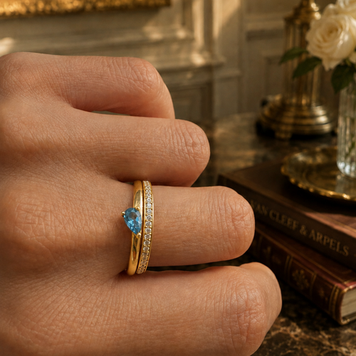 14 Ayar Altın Damla Kesim Doğal Blue Topaz Yüzük Kombin 2