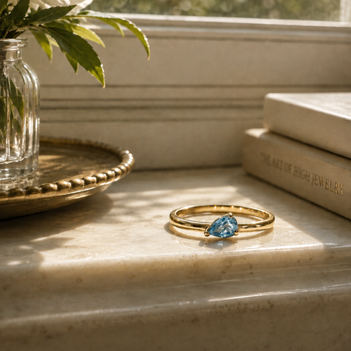 14 Ayar Altın Damla Kesim Doğal Blue Topaz Yüzük 3