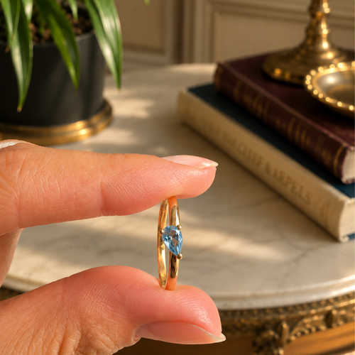 14 Ayar Altın Damla Kesim Doğal Blue Topaz Yüzük 5