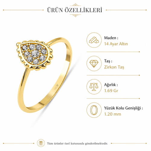 14 Ayar Altin Damla Seklinde Tasli Yuzuk Özellikler