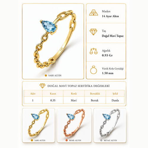 14 Ayar Altın Doğal Mavi Topaz Minimal Zincir Yüzük Özellikler