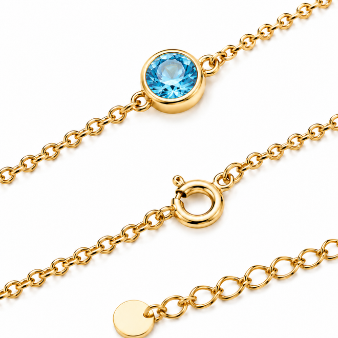 14 Ayar Altın Doğal Sky Blue Topaz Tektaş Zincir Bileklik