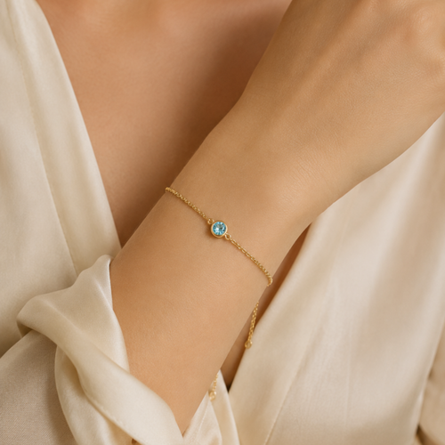 14 Ayar Altın Doğal Sky Blue Topaz Tektaş Zincir Bileklik Kolda Duruş
