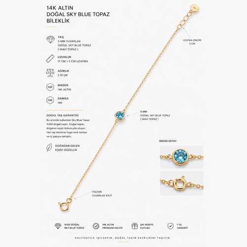 14 Ayar Altın Doğal Sky Blue Topaz Tektaş Zincir Bileklik Ürün Bilgisi