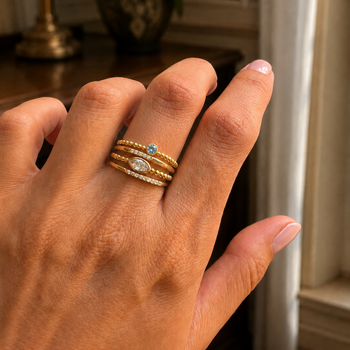 14 Ayar Altın Doğal Swiss Blue Topaz Minimal Yüzük Kombin