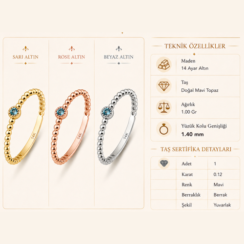 14 Ayar Altın Doğal Swiss Blue Topaz Minimal Yüzük Özellikler