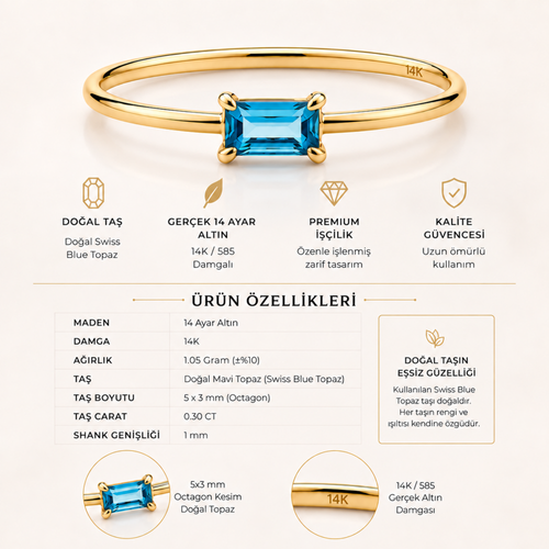 14 Ayar Altın Doğal Swiss Blue Topaz Taşlı Minimal Baget Kadın Yüzük Ürün Bilgileri