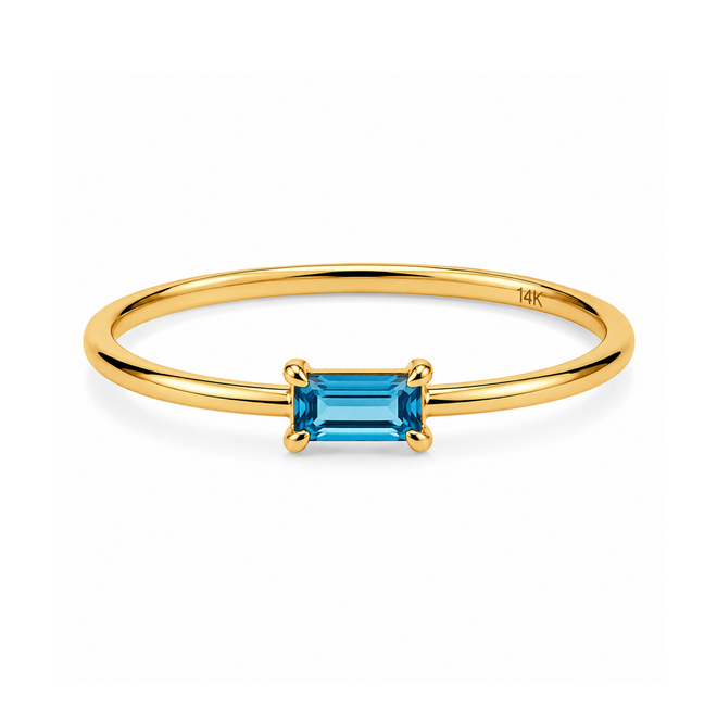 14 Ayar Altın Doğal Swiss Blue Topaz Taşlı Minimal Baget Kadın Yüzük