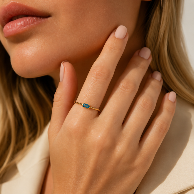 14 Ayar Altın Doğal Swiss Blue Topaz Taşlı Minimal Baget Kadın Yüzük 3