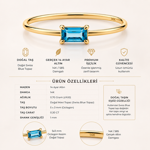 14 Ayar Altın Doğal Swiss Blue Topaz Taşlı Minimal Baget Kadın Yüzük Ürün Bilgisi
