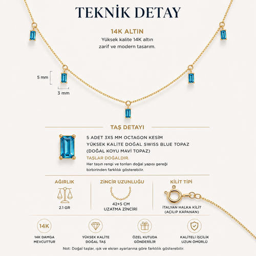 14 Ayar Altın Doğal Swiss Blue Topaz Taşlı Minimal Zarif Modern Kadın Kolye Ürün Bilgileri