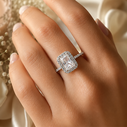 14 Ayar Altın Emerald Kesim Halo Tektaş Yüzük 4