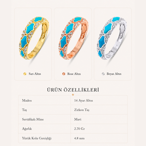 14 Ayar Altın Mavi Mineli ve Desenli Yüzük Özellikler